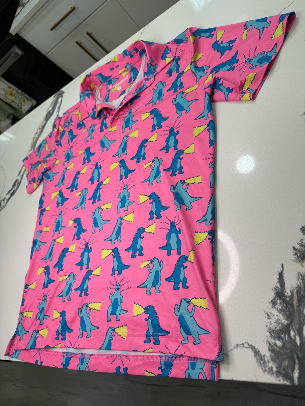 Chubbies I Might Be in Trouble Dino/Godzilla Shirt Size Small Golf Polo Tech